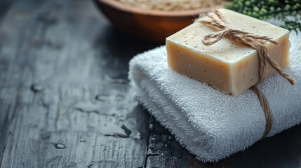 Handmade organic soap bar and towel on black table with copy space.