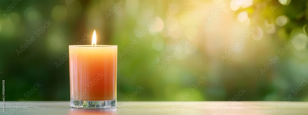 Sticker A lit candle is placed on a table against a slightly out-of-focus backdrop of trees and grass