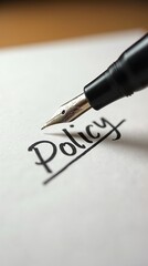 Fototapeta premium Fountain pen writing the word policy on white paper