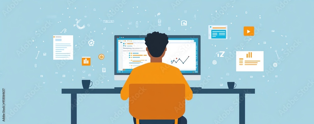 Poster visual representation of technical support, highlighting a software engineer with