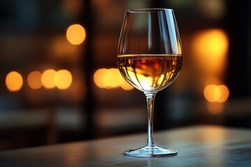 Obraz premium A solitary glass of white wine glows on a minimalist table in soft ambient light.