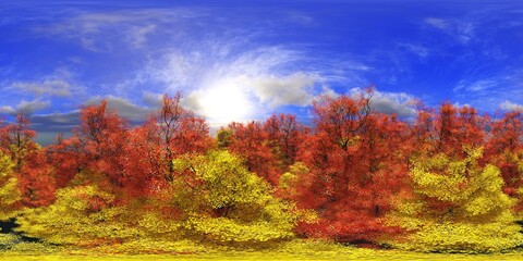 Fototapeta premium Autumn trees in the fog view from above. HDRI . equidistant projection. Spherical panorama. panorama 360. environment map, 3d rendering
