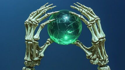A pair of skeleton hands holding a crystal ball that reflects eerie green light. The background is a solid midnight blue, making the intricate bones stand out in high detail.