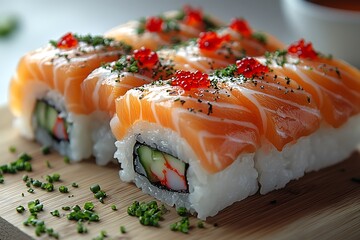 A close-up shot of a row of fresh salmon sushi on a wooden board.