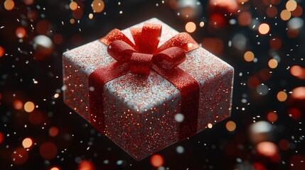 Shiny red gift box with sparkling bow on top on background of sparkling gold confetti. Christmas holiday, Valentine's day, discounts, sale