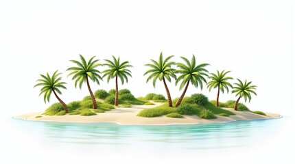 3D hyperrealistic island with palm trees on white background