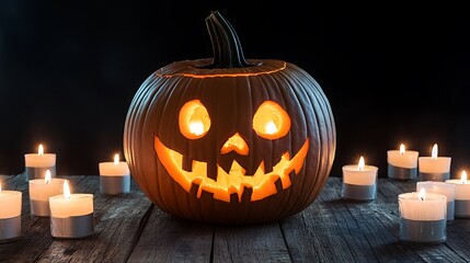 A spooky carved pumpkin with glowing eyes and a wicked grin, sitting on a wooden table surrounded by flickering candles. The background is a solid black with sharp, high-contrast details.