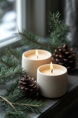 Candles with pine cones and fir branches on windowsill