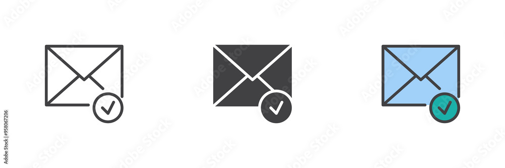 Poster envelope and check mark different style icon set