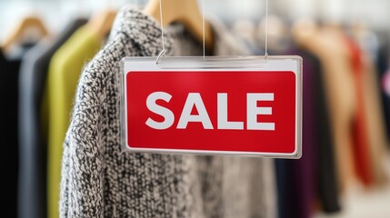 A vibrant 'Sale' sign hanging in a clothing store, showcasing a variety of garments in soft focus, enticing shoppers to explore deals.