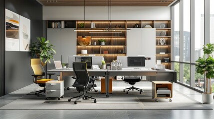 A flexible office with modular furniture and reconfigurable spaces.