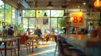 A coworking cafe with a cozy atmosphere, coffee bar, and collaborative workspaces.