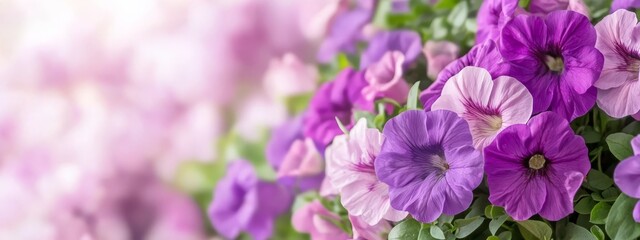 Fototapeta premium A tight shot of numerous flowers with a hazy backdrop of pink and purple petunias in the foreground