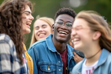 Fototapeta premium Diverse group of young friends laughing and enjoying time outdoors.