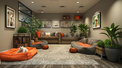 A pet-friendly office with designated pet areas, comfortable pet beds, and pet-friendly amenities.