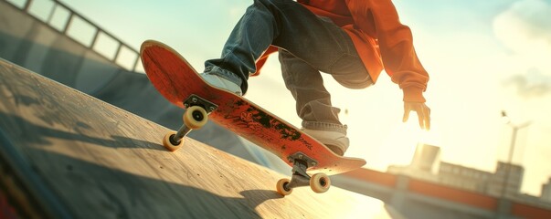 Skateboarder performing a kickflip in an urban skatepark, 4K hyperrealistic photo