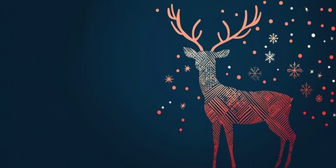 Red geometric deer on blue backdrop with snowflakes
