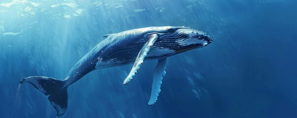 Fototapeta premium Majestic humpback whale breaching under blue sky, 4K hyperrealistic photo