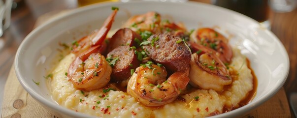 Shrimp and grits with spicy sausage, 4K hyperrealistic photo