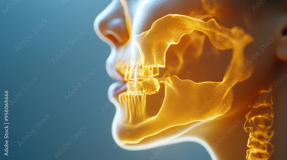 Canvas Prints A 3D rendered image of a human skull with glowing bones and teeth.