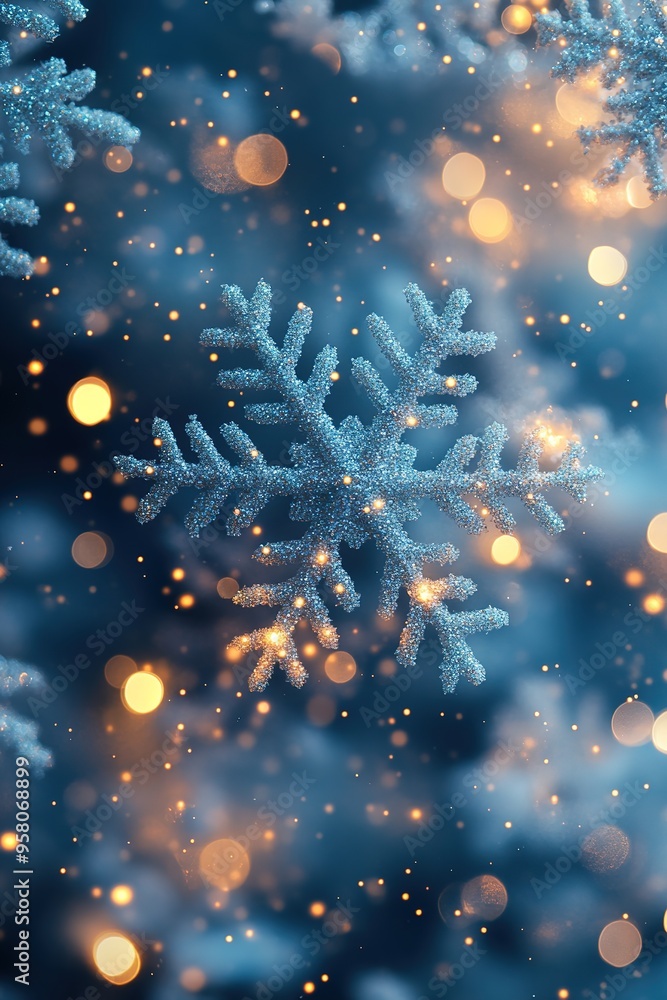 Poster sparkling snowflake with magical bokeh lights effect.