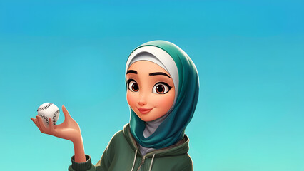 Digital Illustration of Young Woman in Green Hijab Holding Baseball - Bright and Cheerful Cartoon Style