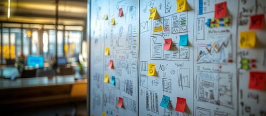 Creative Office Space with Whiteboard Covered in Colorful Sticky Notes and Diagrams in Modern Workspace