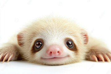 Close up of cute baby sloth on white background.