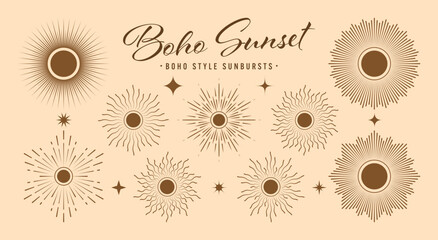 Vintage sunburst, sunset beams collection. Boho style, modern minimalist bohemian design. Hand drawn bursting sun, light rays. Logotype or lettering design element in retro style. Vector illustration