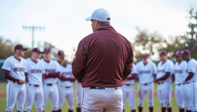 Baseball coach giving inspiring speech to team on field