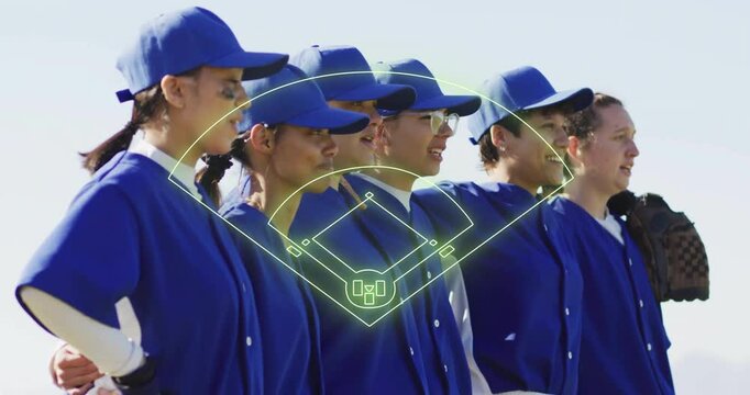 Baseball field diagram animation over team of players in blue uniforms