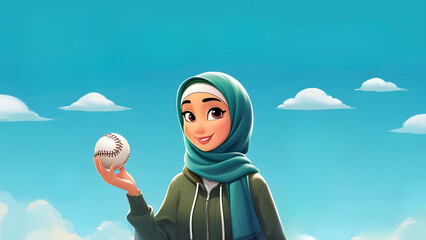 Cartoon-Style Digital Illustration of Young Woman with Green Hijab Holding Baseball - Bright and Cheerful Atmosphere