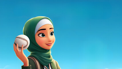 Cartoon-Style Digital Illustration of Young Woman with Green Hijab Holding Baseball - Bright and Cheerful