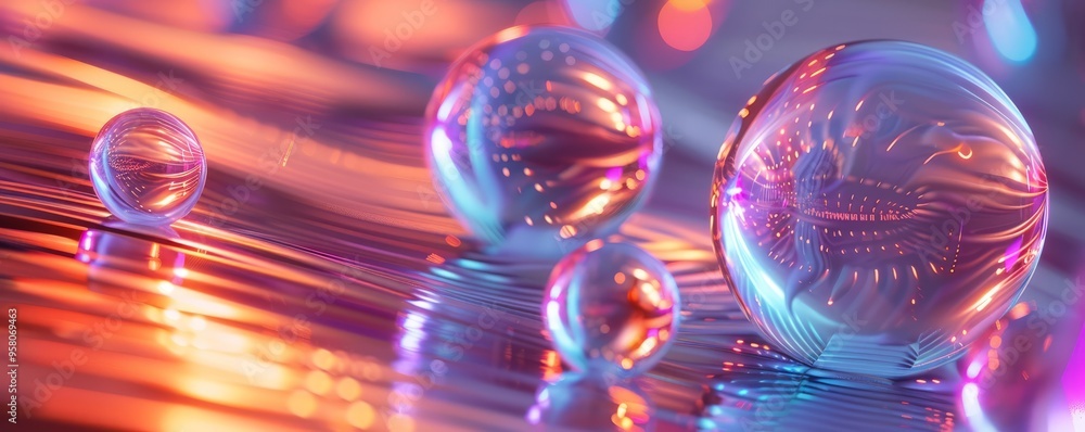 Poster bouncing 3d orbs with dynamic motion trails, 4k hyperrealistic photo