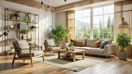 Fototapeta premium Neutral-toned fabrics and natural materials create a serene atmosphere, while bamboo flooring and sustainable furniture