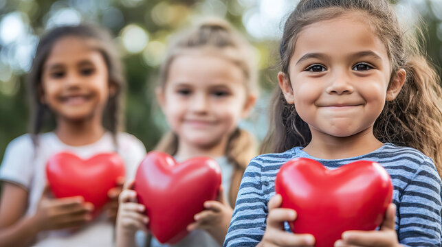 happy smiling little girls looking at the camera holding red heart shape standing in the summer park outdoors  for child health day.