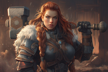 Naklejka premium determined dwarf woman warrior with a massive warhammer standing in a dimly lit stronghold