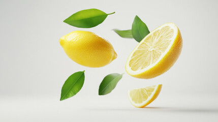 Yellow lemon slices falling with green leaves isolated on white background