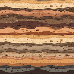 Seamless pattern of soil layers with various shades of brown, beige, and gray, featuring small stones and textures that evoke natural landscape.
