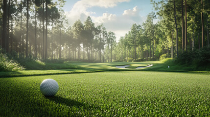 The golf ball is on a green lawn in a beautiful golf course with morning sunshine.