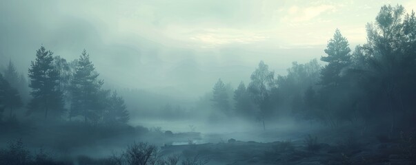 A tranquil foggy morning shrouding the landscape in mist, 4K hyperrealistic photo