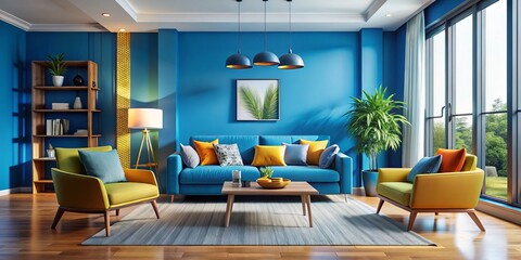 Saturated colors and unconventional furniture pieces come together in a dynamic living room, set against a bold blue