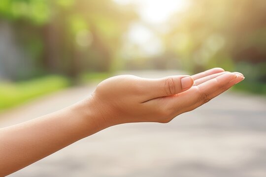 Open Hand Palm Up Gesture in Natural Light with Blurred Background