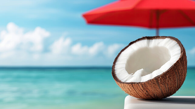 Half of split coconut on armrest of sun lounger, view of the calm beautiful ocean, space for the concept of rest and travel