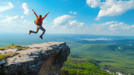 Happy man with arms up jumping on the top of the mountain - Successful hiker .celebrating success on the cliff