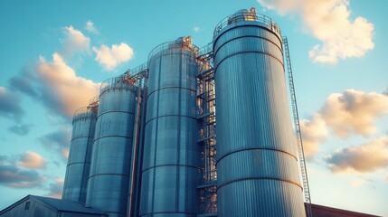 A large industrial building with three tall silos. The sky is cloudy and the sun is setting