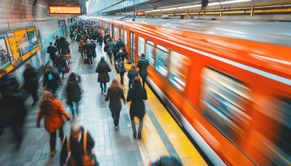 Fast moving train is arriving in a subway station full of people