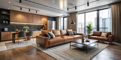 Sleek and sophisticated, this minimalist bachelor apartment features a rich leather couch, black accents, and a