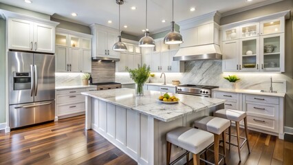 Sleek cabinetry and marble countertops merge with cutting-edge stainless steel appliances in this modern white kitchen.