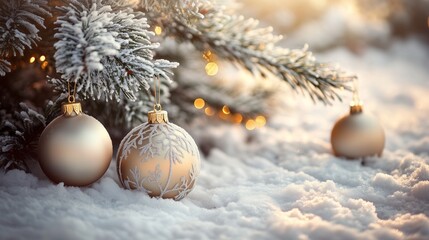 Christmas decoration on a green fir tree with colorful baubles and golden ornaments, perfect for the holiday season